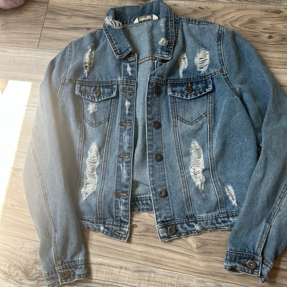 Highway Jeans Premium Classic Distressed Button Up Blue Denim Jacket Size Med